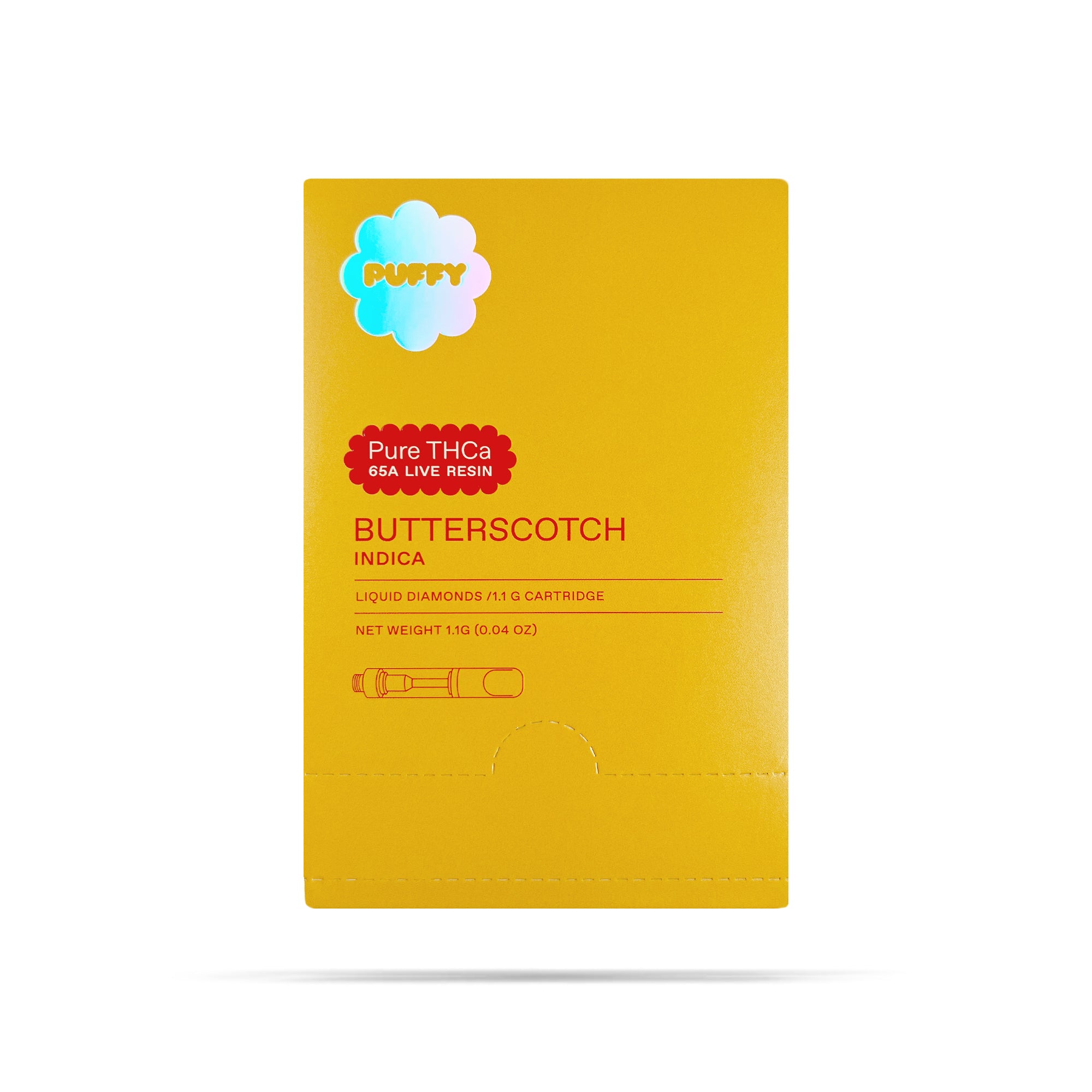 Puffy Butterscotch 65A is an indica-dominant hybrid THCa live resin, blending rich butterscotch, creamy caramel, and smooth vanilla into a decadent, indulgent taste experience. Consumers often report a soothing sense of relaxation paired with uplifting euphoria and happiness, accompanied by a calm, mellow body feel.