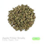 PUFFY Apple Fritter (smalls) is a balanced hybrid THCa strain, born from the flavorful cross of Sour Apple and Animal Cookies. The aroma is a vibrant blend of fruity sweetness and peppery spice, with a smooth pine finish. Visually striking, the dense buds are covered with frosty trichomes, showcasing deep green to purple hues with vibrant orange pistils. Consumers often report a blend of euphoria and relaxation, accompanied by a tingling body buzz, lighthearted giggles, and an overall uplifted mood. 