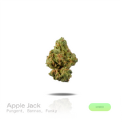 PUFFY Apple Jack is a balanced hybrid THCa strain derived from the distinguished pairing of Jack Herer and White Widow. The aroma is pungent, filling the air with a bold intensity, layered with ripe banana sweetness and a rich, funky undertone. Visually, dense forest green buds with purple hues and fiery orange pistils are coated in sticky trichomes. Consumers often report a euphoric sense of well-being paired with focused mental clarity, a calming mindset, and soothing body relaxation. 