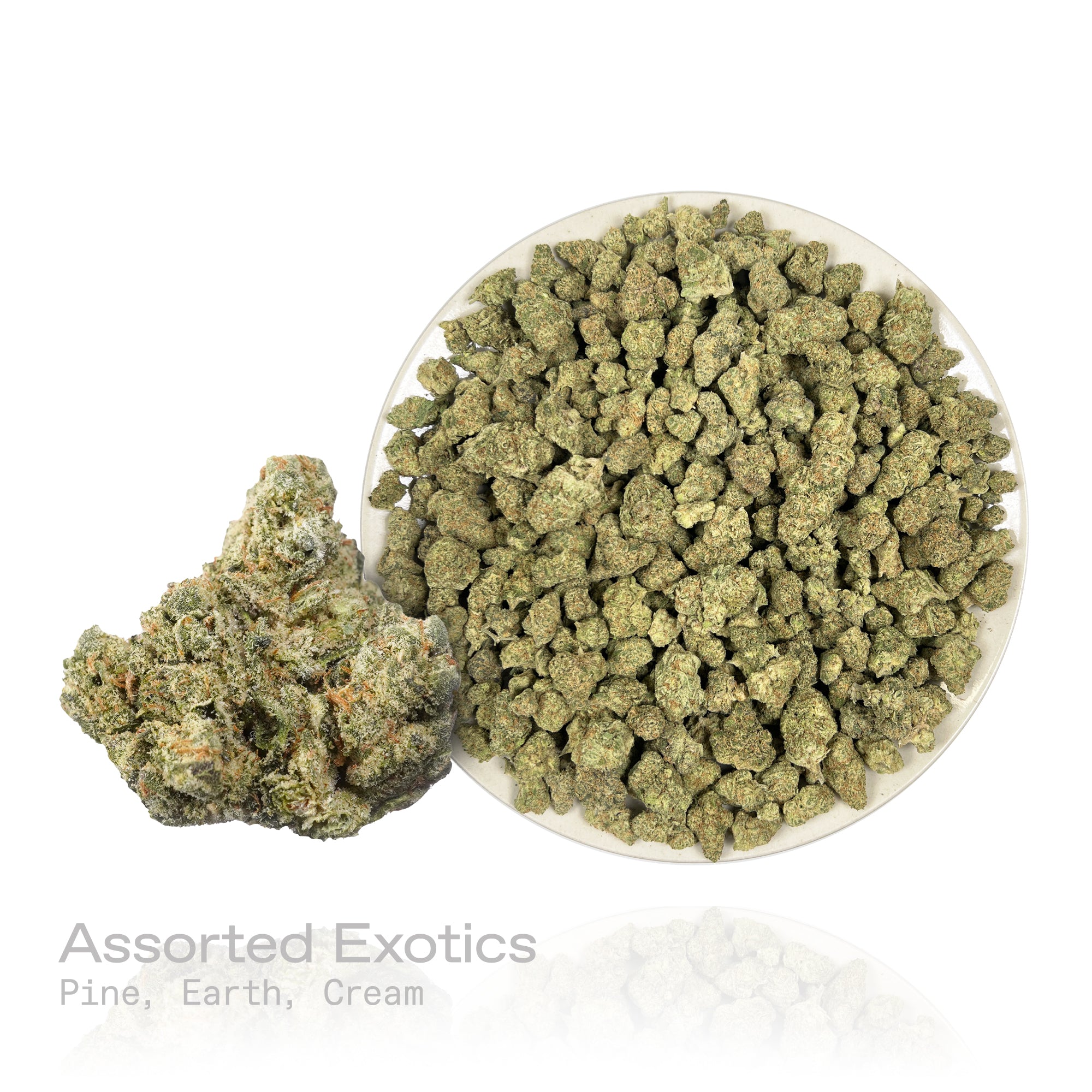 PUFFY Assorted Exotics is a curated assortment of exotic strains, featuring Blue Cookie Monster, Pineapple Fizz, Papaya Punch, Red Velvet, Maria, Gelato, Lemon Kush, Rockets, Dutch Punch, Banana Jax, and Banana OG x Banana Frosting. The aroma is a bold fusion of diesel fuel notes, bright citrus zest, and pungent skunky undertones, creating a sharp and intensely fragrant scent profile. 
