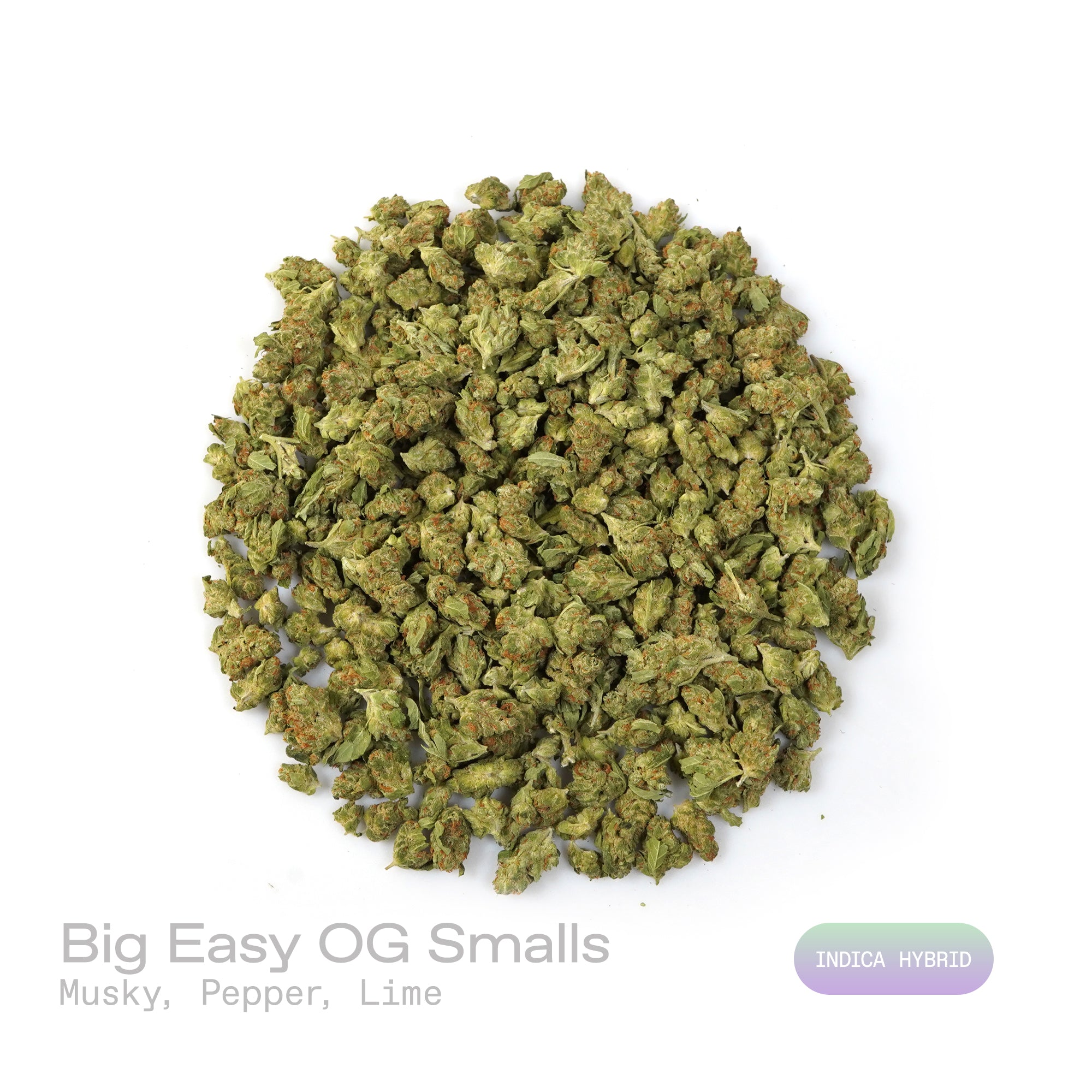 PUFFY Big Easy OG (smalls) is an indica-dominant hybrid THCa strain, born from the legendary pairing of 818 Pure SFV OG and The White. The aroma opens with a bold, musky foundation layered with sharp notes of cracked pepper and a bright twist of fresh lime, creating a complex and invigorating sensory experience. Visually, dense deep green buds with purple hues and fiery orange pistils are coated in sticky trichomes. Consumers often report a relaxing, calming experience marked by indica-dominant body relaxat