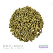PUFFY Biscotti (smalls) is an indica-dominant hybrid THCa strain, born from the legendary cross of Gelato #25 and South Florida OG. The aroma is a rich, creamy blend with warm nutty undertones, layered delicately with smooth hints of vanilla for a comforting and inviting experience. Dense green buds with deep purple hues and fiery orange pistils are generously coated in sticky, crystal-like trichomes, giving the flower a frosty, resinous finish. Consumers often report the high as a balanced experience that 