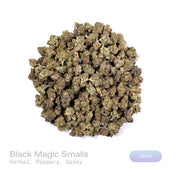 PUFFY Black Magic (smalls) is a lush indica THCa strain with a genetic lineage that remains undisclosed, adding an air of mystery to its unknown heritage. The aroma features earthy herbal notes complemented by a sharp peppery kick and pungent, gassy undertones. Visually, dense forest green buds with purple hues and fiery orange pistils are coated in sticky trichomes. Consumers often report feeling euphoric and uplifted, accompanied by a calm, relaxing sensation.