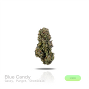 PUFFY Blue Candy is a balanced hybrid THCa strain, crafted from the flavorful union of Blueberry and Cotton Candy Kush. The aroma is intensely gassy and pungent, layered with sharp chemical undertones that create a bold, fuel-forward scent profile. Visually, dense forest green buds with purple hues and fiery orange pistils are coated in sticky trichomes. Consumers often report a euphoric and uplifting cerebral buzz that sparks creativity and conversation, paired with a deeply relaxing and calming body effec