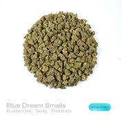 PUFFY Blue Dream (smalls) is a sativa-dominant hybrid THCa strain, crafted from the lush pairing of Blueberry and Haze. The aroma is dominated by ripe blueberry sweetness, complemented by gassy undertones and a sharp, chemical edge. Visually stunning, its dense, bright green buds are accented by deep blue hues, fiery orange pistils, and a generous dusting of icy trichomes making it as eye-catching as it is effective. Consumers often report a euphoric, uplifting head high that flows into a gentle, motivating
