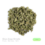 PUFFY Blue Zoap (smalls) is a balanced hybrid THCa strain expertly bred from the distinctive pairing of Blue 16 and Zoap. The aroma is a refined harmony of vibrant fruit, ripe berries, and elegant tartness. Visually, dense forest green buds with purple hues and fiery orange pistils are coated in sticky trichomes. Consumers often report feeling euphoric and relaxed, accompanied by a calming sense of ease and a noticeable increase in appetite. 