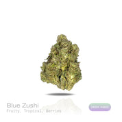 PUFFY Blue Zushi is an indica-dominant hybrid THCa strain expertly bred from the distinctive pairing of Original Z and Kush Mints. The aroma is a vibrant blend of fruity and tropical notes, complemented by a sweet, juicy finish of ripe berries. Visually, dense forest green buds with purple hues and fiery orange pistils are coated in sticky trichomes. Consumers often report a euphoric, uplifted experience with a creative boost, easygoing relaxation, and an overall calm, positive mood. 