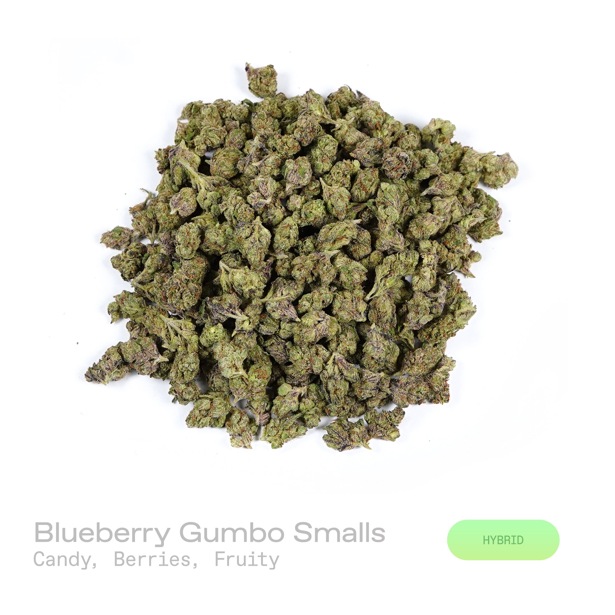 PUFFY Blueberry Gumbo (smalls) is a balanced hybrid THCa strain expertly cultivated from the notable genetics of Blueberry and OG Kush. The aroma is an exquisite medley of luscious candy, succulent berries, and refined fruity notes. Visually, dense forest green buds with purple hues and fiery orange pistils are coated in sticky trichomes. Consumers often report an euphoric and uplifting experience accompanied by a lively, energetic sense of momentum. 