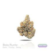 PUFFY Bolo Runtz is an indica-dominant hybrid THCa strain bred from the exceptional pairing of Gelato and Original Z. The aroma is rich and layered, blending dank, fruity sweetness with a bold, gassy undertone. Visually, the buds are dense and vibrant, showcasing vivid green and deep purple hues, accented by bright orange pistils and a generous coating of sparkling trichomes. Consumers often report a balanced high that begins with a euphoric cerebral lift and gradually settles into a soothing body effect.