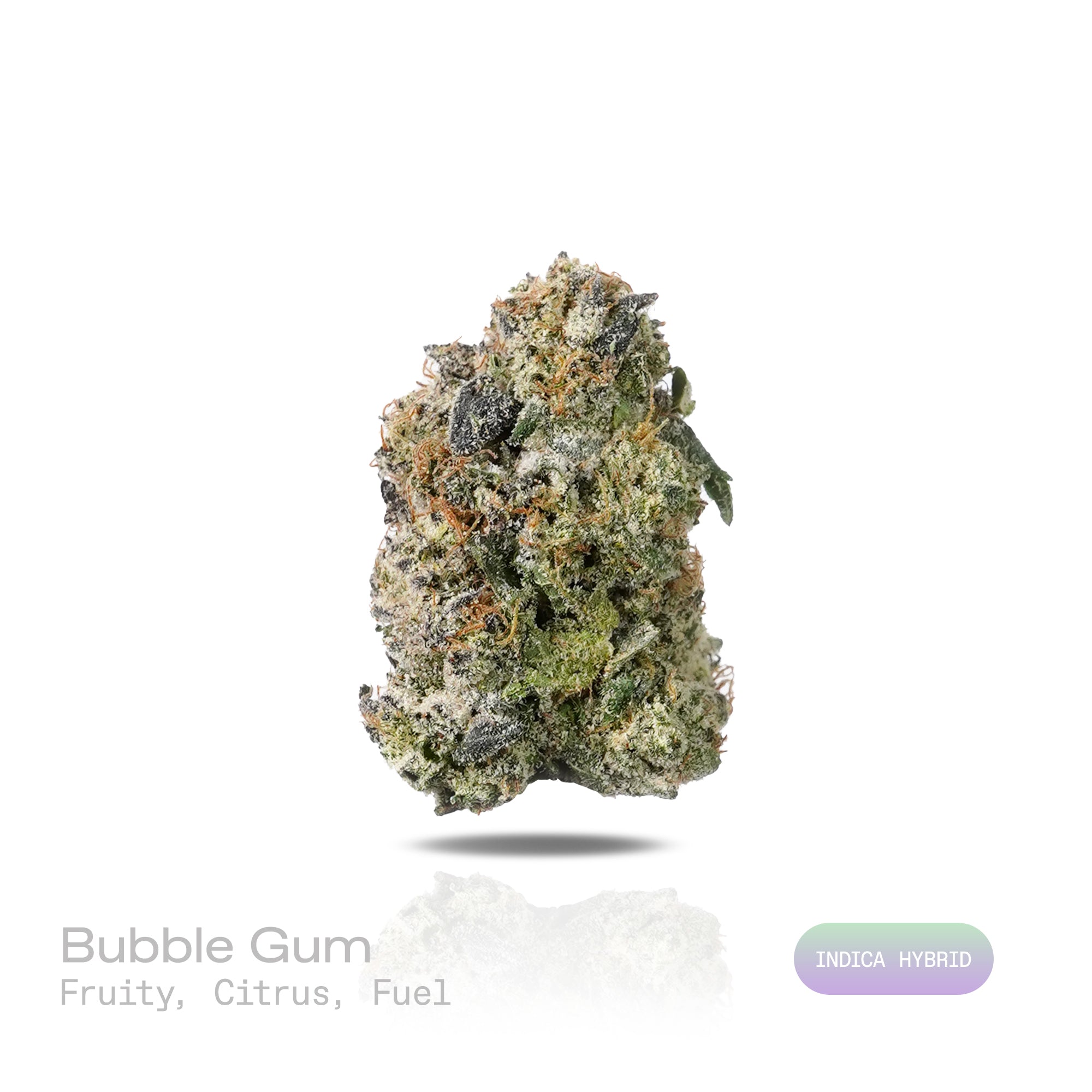 PUFFY Bubblegum is an indica-dominant hybrid THCa strain crafted from the nostalgic Indiana Bubble Gum genetics and a mysterious indica lineage. The aroma is a vibrant blend of fruity and citrus notes, finishing with a subtle fuel-like undertone. Visually, dense spring green buds with purple hues and fiery orange pistils are coated in sticky trichomes. Consumers often report feeling euphoric, blissful, and deeply relaxed, accompanied by an uplifted mood along with a spark of creativity and light cerebral st