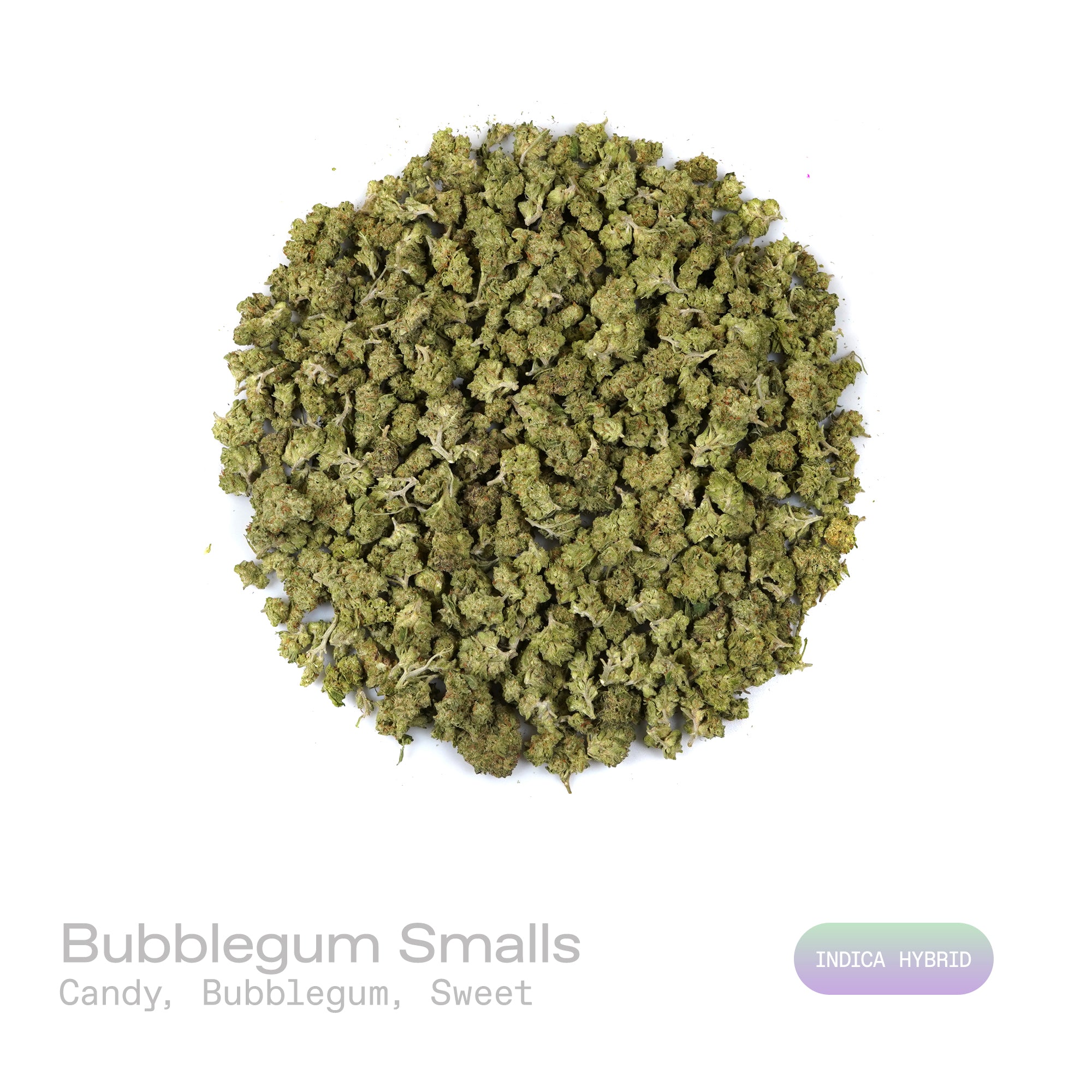 PUFFY Bubblegum (smalls) is an indica-dominant hybrid THCa strain crafted from the nostalgic Indiana Bubble Gum genetics and a mysterious indica lineage. The aroma delights the senses with a playful blend of candy, bubblegum, and sweet notes. Visually, dense spring green buds with purple hues and fiery orange pistils are coated in sticky trichomes. Consumers often report feeling euphoric, blissful, and deeply relaxed, accompanied by an uplifted mood along with a spark of creativity and light cerebral stimul