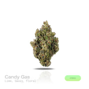 PUFFY Candy Gas is a balanced hybrid THCa strain descended from an iconic lineage of Kandy Kush and OG #18. The aroma is a vibrant blend of zesty lime and gassy notes, rounded out by a delicate floral finish. Visually, dense deep forest green buds with hints of purple are threaded with fiery orange pistils and coated in a sparkling layer of sticky trichomes. Consumers often report euphoric, focused, and creative effects accompanied by a calming sense of relaxation. 
