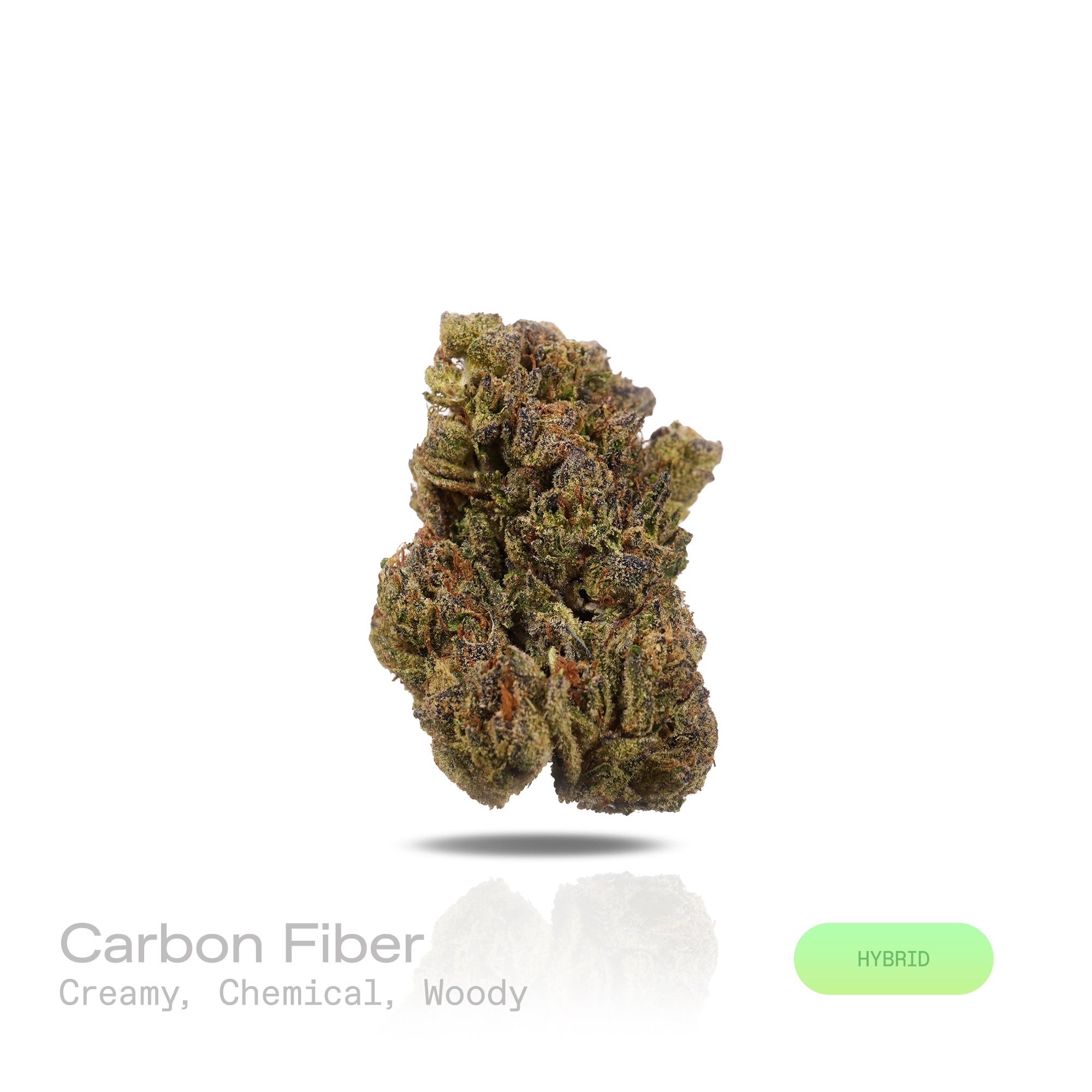 PUFFY Carbon Fiber is a balanced hybrid THCa strain, created from a potent blend of Grape Pie, Biscotti, and Cookies & Cream. The aroma blends creamy sweetness with sharp chemical tones and a grounding woody finish, resulting in a bold and complex scent profile. Visually, the buds are dense and striking, featuring deep green and purple hues, coated in frosty trichomes and accented with bright orange pistils. Consumers often describe the smoke as creamy and smooth, with a powerful high that feels giggly, tin