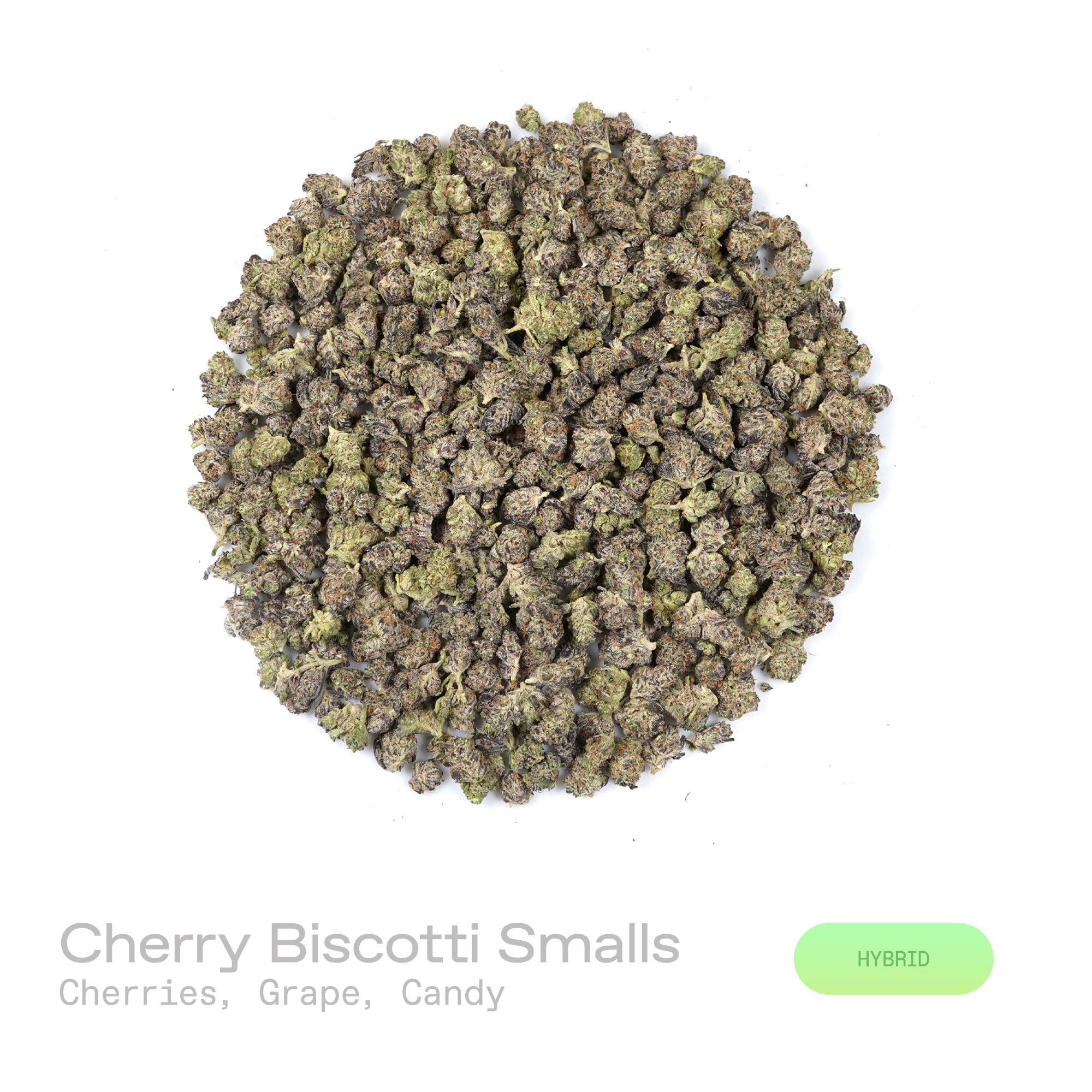 PUFFY Cherry Biscotti (smalls) is a balanced hybrid THCa strain crafted from the decadent pairing of  Biscotti and Cherry Pie. The aroma is a vibrant fusion of ripe cherries and juicy grape, layered with a sweet, candy-like finish. Visually, dense forest green buds with purple hues and fiery orange pistils are coated in sticky trichomes. Consumers often report an initial euphoric and lighthearted uplift that enhances talkativeness and mood, gradually transitioning into a calm, relaxed state that gently soot
