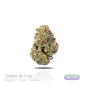 PUFFY China White is an indica-dominant hybrid THCa strain created through the strategic union of White Rhino and Chinese Indica . The aroma is rich and inviting, blending freshly baked dough notes with smooth creamy sweetness and the warm, sugary scent of freshly baked cookies. Visually, dense forest green buds with purple hues and fiery orange pistils are coated in sticky trichomes. Consumers often report a euphoric mood lift accompanied by deep physical relaxation and a peaceful mental calm that encourag