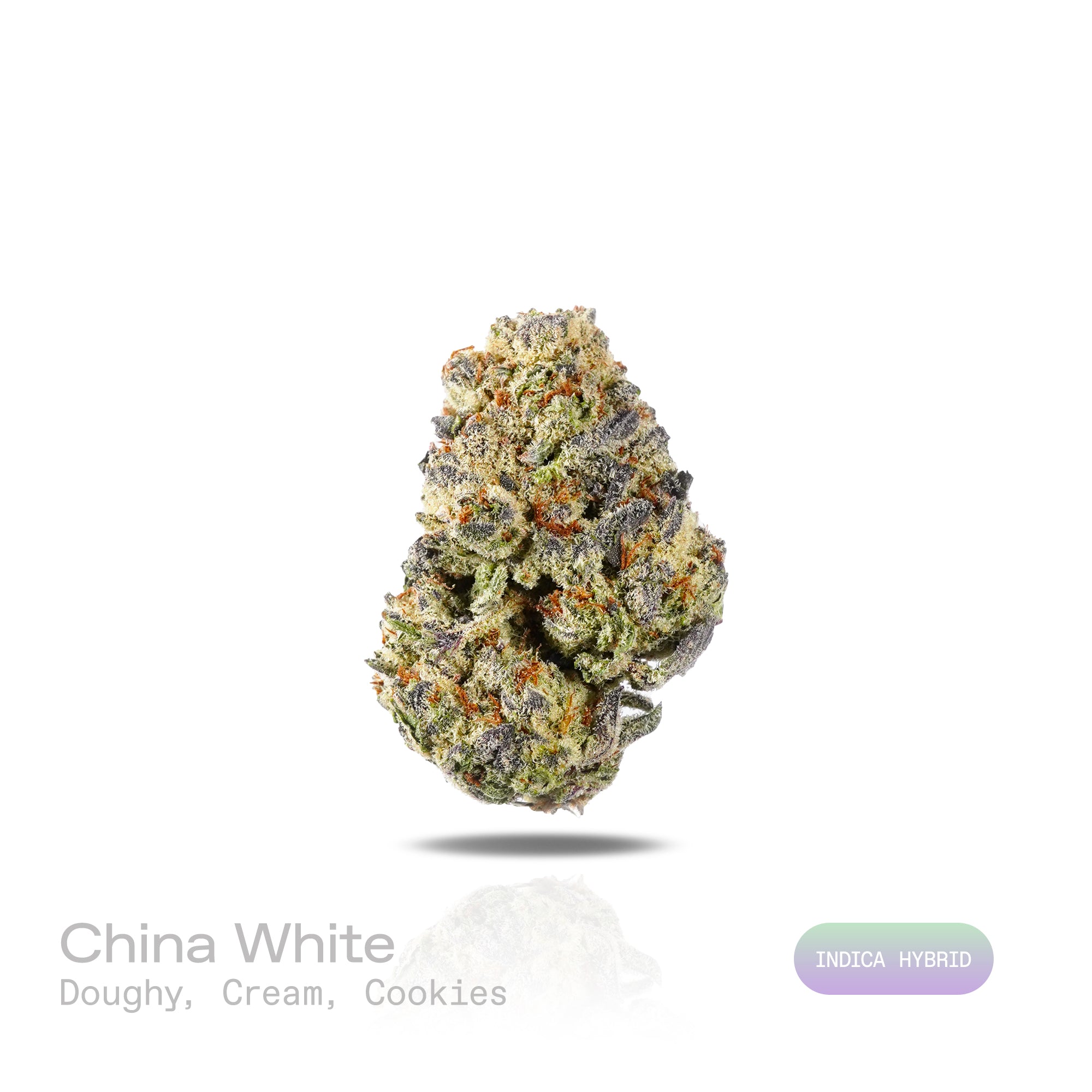PUFFY China White is an indica-dominant hybrid THCa strain created through the strategic union of White Rhino and Chinese Indica . The aroma is rich and inviting, blending freshly baked dough notes with smooth creamy sweetness and the warm, sugary scent of freshly baked cookies. Visually, dense forest green buds with purple hues and fiery orange pistils are coated in sticky trichomes. Consumers often report a euphoric mood lift accompanied by deep physical relaxation and a peaceful mental calm that encourag