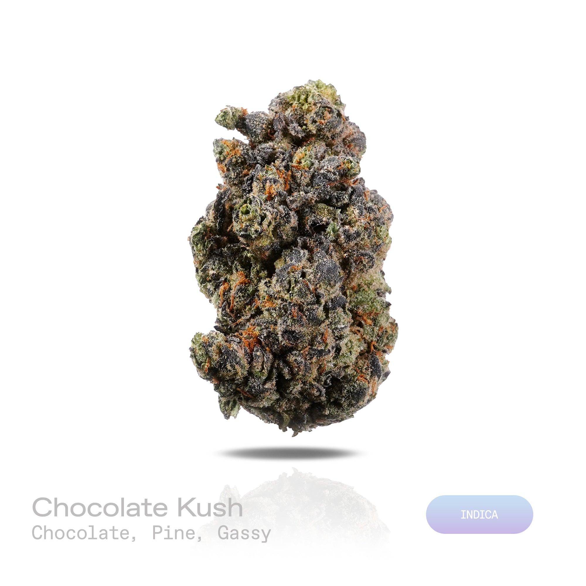 PUFFY Chocolate Kush is a lush indica THCa strain carefully crafted from a distinctive blend of Mazar and an unknown pure indica strain. The aroma features rich chocolate notes complemented by fresh pine and a bold, gassy scent. Visually, dense deep forest green buds with purple hues and fiery orange pistils are coated in sticky trichomes. Consumers often report feeling euphoric, creative, and relaxed, along with an increased appetite.