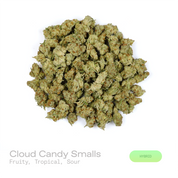 PUFFY Cloud Candy (smalls) is a balanced hybrid THCa strain whose exact genetic lineage has not been publicly confirmed, leaving its true parentage unknown. The aroma bursts with vibrant fruity sweetness and juicy tropical notes, creating a bright, exotic fragrance that finishes with a bold, mouthwatering sour twist. Visually, dense forest green buds with purple hues and fiery orange pistils are coated in sticky trichomes. Consumers often report an uplifting wave of euphoria that inspires creativity while g
