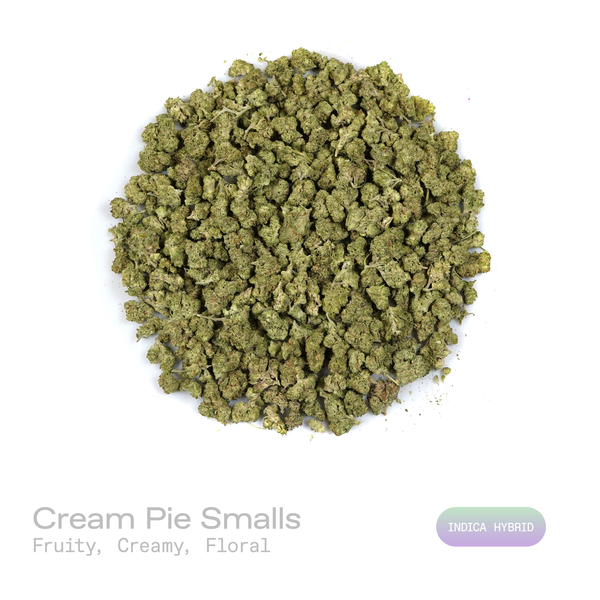 PUFFY Cream Pie (smalls) is an indica-dominant hybrid THCa strain bred from the exceptional pairing of Wedding Cake and Triangle Kush. The aroma is a delightful blend of sweet cookies, subtle herbal notes, and a juicy hint of ripe peach. Visually, dense spring green buds with purple hues and fiery orange pistils are coated in sticky trichomes. Consumers often report a euphoric and uplifting cerebral buzz followed by smooth body relaxation, creating a calming, stress-relieving experience that can ease tensio