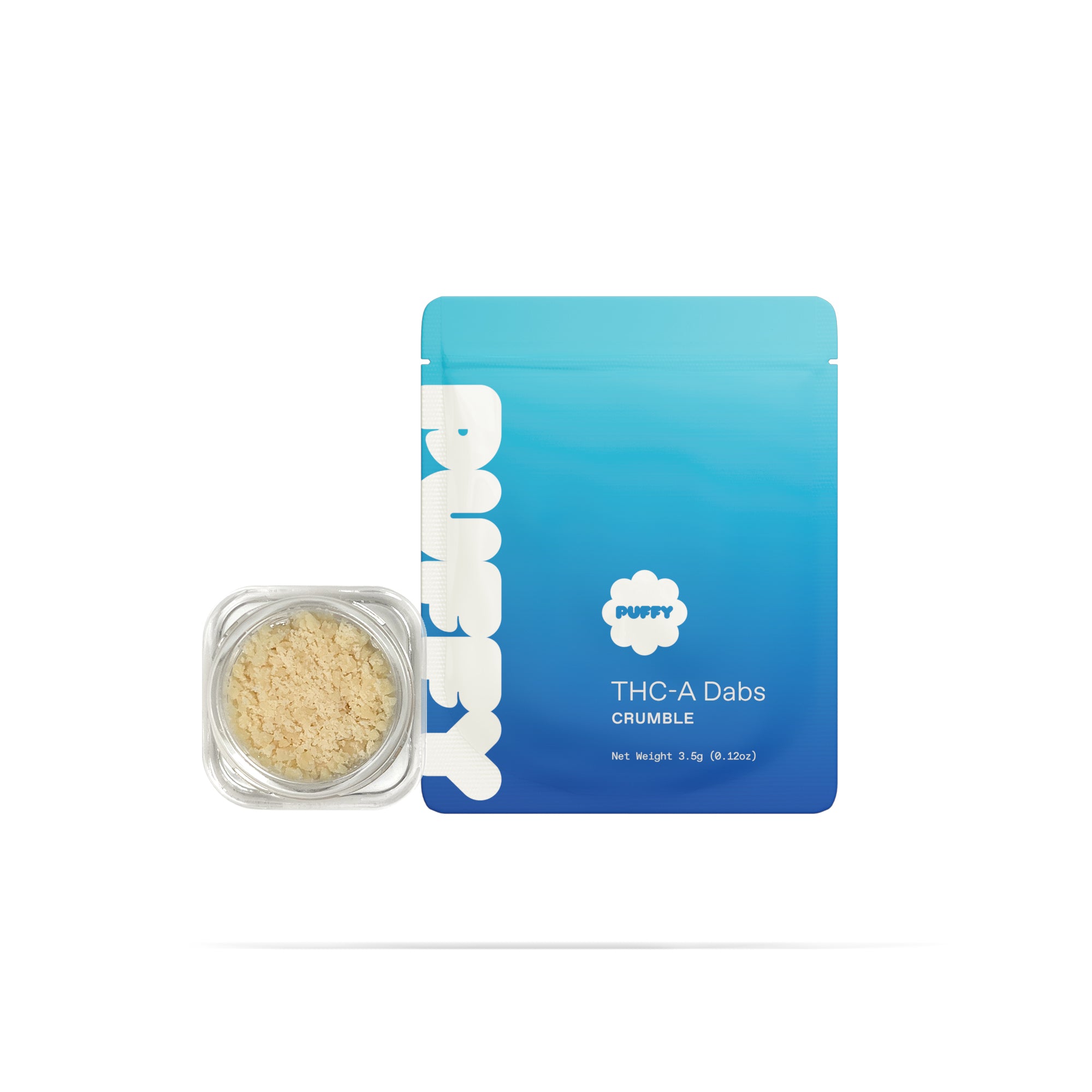 PUFFY THCa Blue Nerdz: Extract crumble using butane or liquefied petroleum gas. This type of concentrate is extremely potent, and the crumb-like consistency makes it easy to dose.