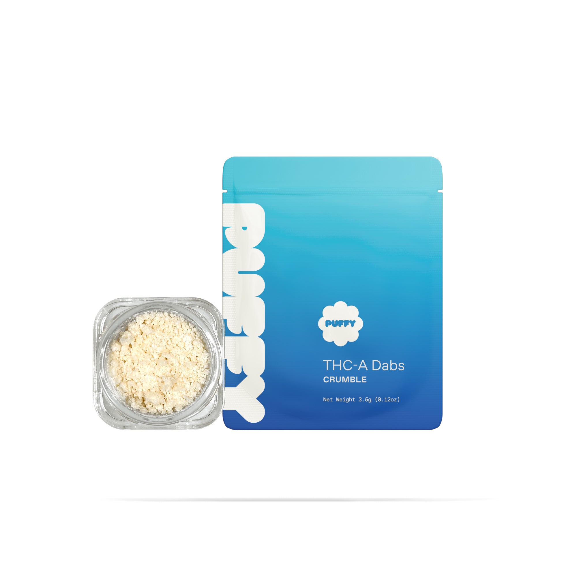 PUFFY THCa Blueberry Gelato: Extract crumble using butane or liquefied petroleum gas. This type of concentrate is extremely potent, and the crumb-like consistency makes it easy to dose.