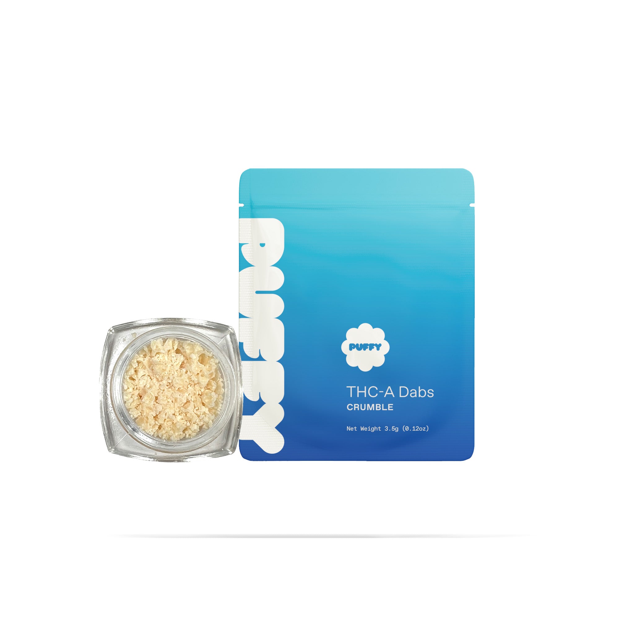 PUFFY THCa Blulato: Extract crumble using butane or liquefied petroleum gas. This type of concentrate is extremely potent, and the crumb-like consistency makes it easy to dose.