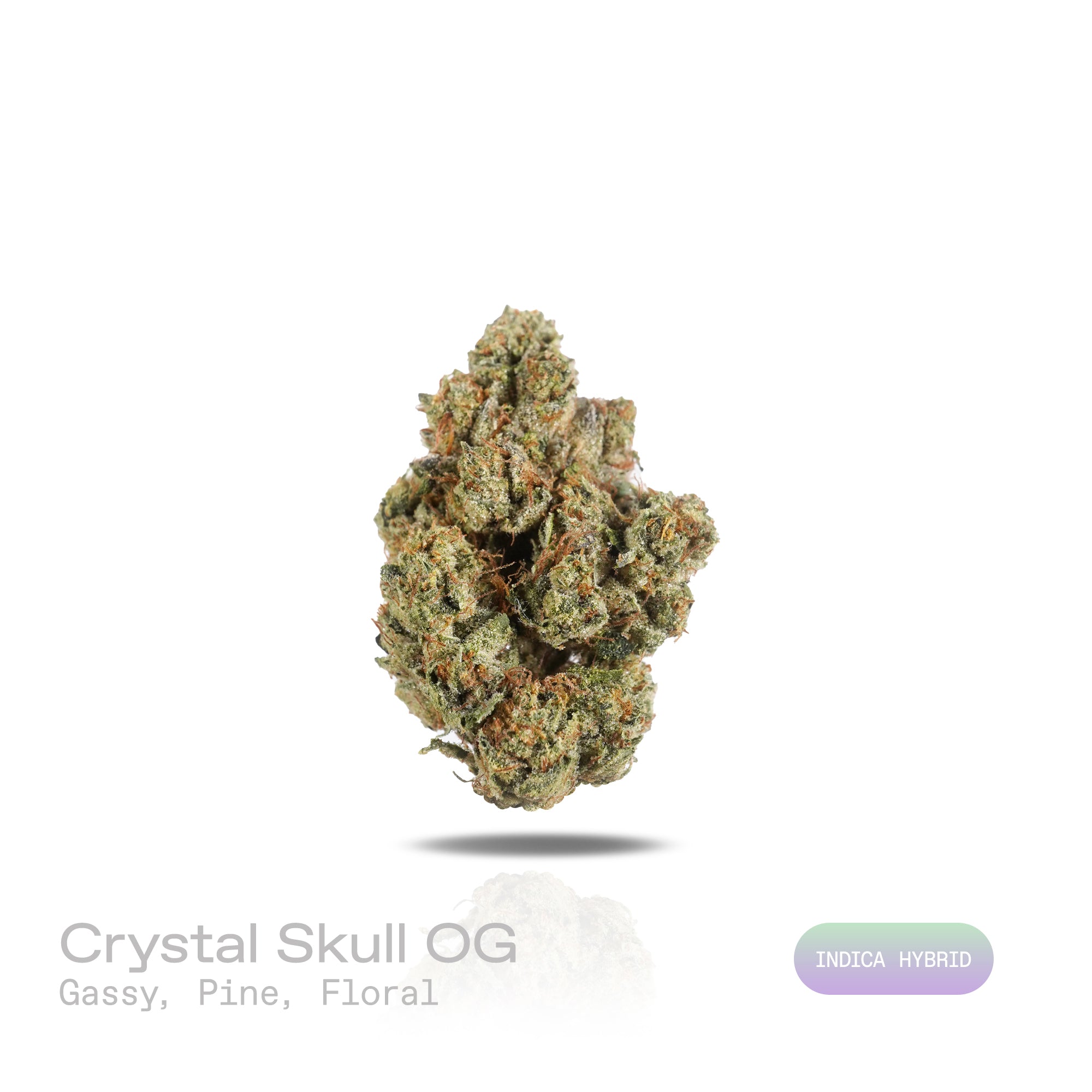 PUFFY Crystal Skull OG is an indica-dominant hybrid THCa strain, crafted from the distinctive pairing of Ghost OG and Skullcap. The aroma opens with a gassy punch, layered with fresh pine notes and a delicate floral undertone. Visually, dense green buds with hints of purple, bright orange pistils, and a thick coating of sparkling trichomes. Consumers often report a wave of euphoria followed by relaxing effects, with physical calm, sleepiness, and effective stress relief.