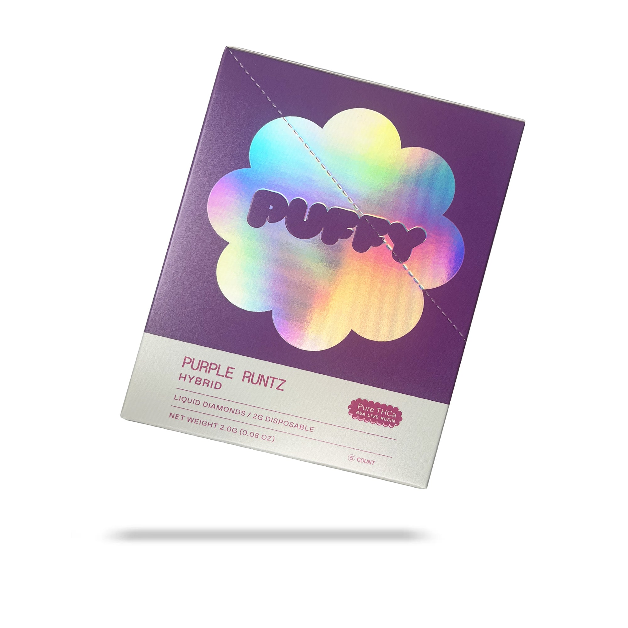 PUFFY Purple Runtz Pure Live Resin THCa Disposable. Pure and potent, our line of 65A Live Resin THCa disposable are pure extracts from single-sourced flowers for a top-shelf experience. Each disposable contains approximately 65% THCa 35% high terpene extract and full spectrum cannabinoids. Each batch is hand-selected for the best fresh-frozen material rich in flavinoids, terpenes, and THCa. We use a ceramic coil to create a richer flavor.