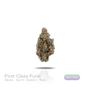 PUFFY First Class Funk is an indica-dominant hybrid THCa strain born from the distinguished cross of GMO × Jet Fuel Gelato. The aroma is defined by smoky intensity, burnt rubber sharpness, and deep musky undertones. Visually, dense deep forest green buds with purple hues and fiery orange pistils are coated in sticky trichomes. Consumers often report a deep, euphoric relaxation that gently washes over the body and mind, easing tension while promoting a calm, blissful state of ease.