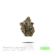 PUFFY French Laundry is a balanced hybrid THCa strain derived from the potent genetic collaboration of The Soap and L.A. Rouge. The aroma is characterized by a bold blend of skunky, fuel-like, and pungent notes, delivering a strong and distinctive profile with an earthy, gassy intensity. Visually, dense forest green buds with purple hues and fiery orange pistils are coated in sticky trichomes. Consumers often report experiencing a euphoric and creative uplift paired with a sense of deep relaxation, calmness