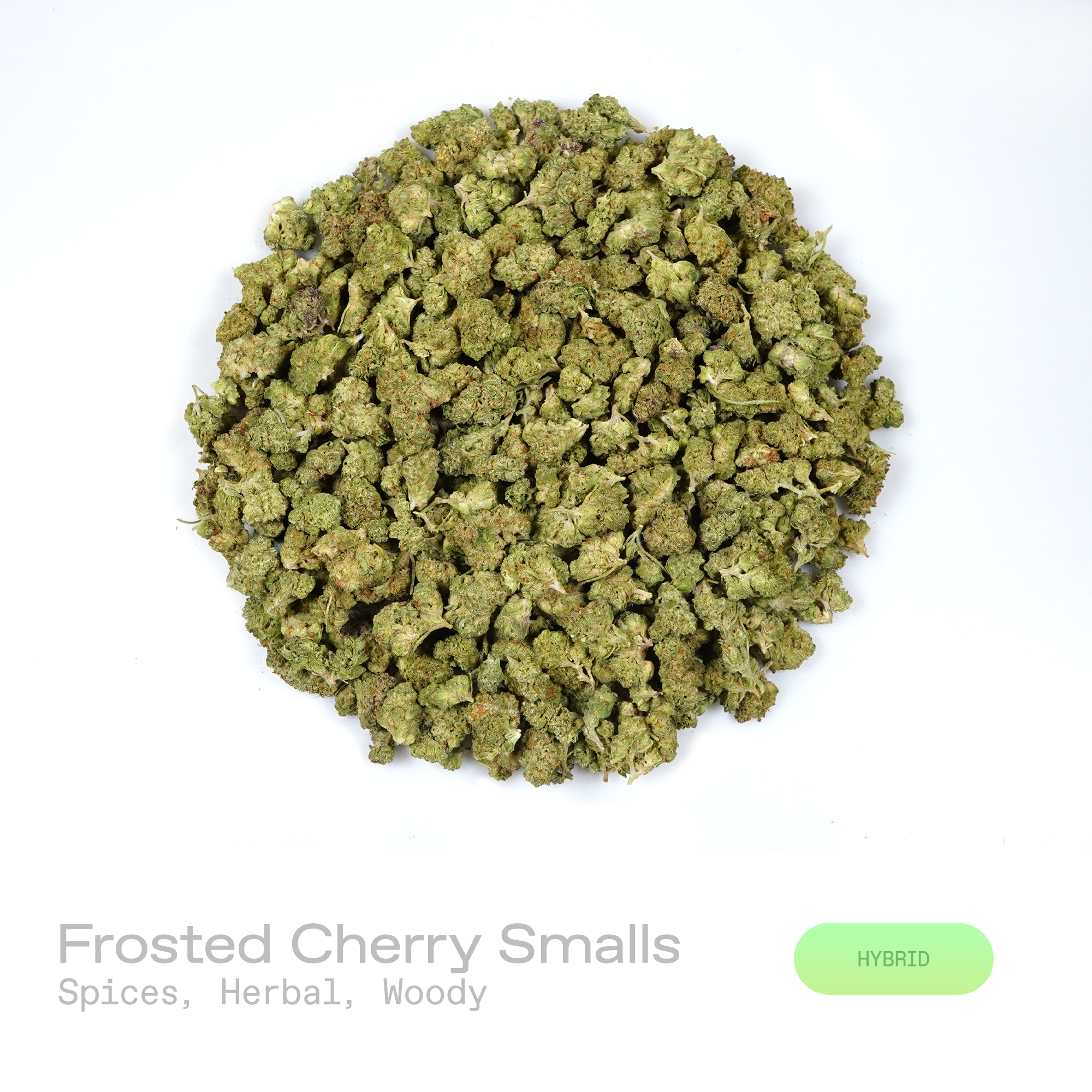 PUFFY Frosted Cherry (smalls) is a balanced hybrid THCa strain resulting from the strategic pairing of Cherry Cookies and The White. The aroma unfolds with warm, peppery spice notes, layered with fresh, green herbal undertones, and grounded by a rich, earthy woody base. Visually, dense green buds with purple hues and fiery orange pistils are coated in sticky trichomes. Consumers often report an experience of euphoric, content, and deeply relaxed sensations accompanied by an uplifted mood. 