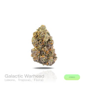 PUFFY Galactic Warhead is a balanced hybrid THCa strain, born from the renowned fusion of Gelato 33 and a mysterious, unnamed cultivar. The aroma is bright and refreshing, bursting with zesty lemons, tropical fruits, and delicate floral notes. Visually, dense green buds with purple hues and fiery orange pistils are coated in sticky trichomes. Consumers often report an immediate euphoria and uplifted, creative mood, accompanied by a relaxed body sensation and calmness, making it ideal for stress relief, mood