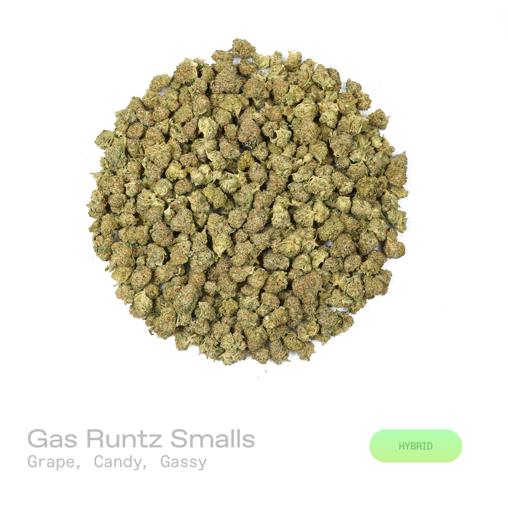 PUFFY Gas Runtz (smalls) is a balanced hybrid THCa strain born from the strategic combination of Runtz and Gas House OG. The aroma delivers a rich blend of sweet grape candy layered with pungent gassy undertones. Visually, dense forest green buds with hints of purple are threaded with fiery orange pistils and coated in a sparkling layer of sticky trichomes. Consumers often report that it delivers a euphoric, uplifting head high followed by smooth full-body relaxation, creating a balanced experience that fee