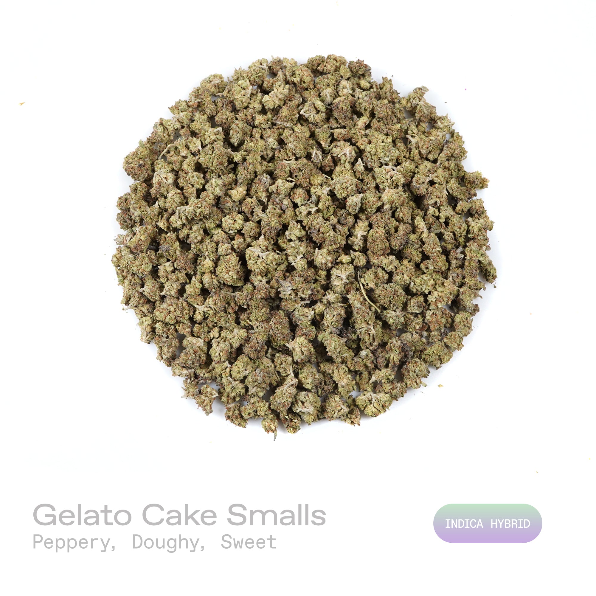 PUFFY Gelato Cake (smalls) is an indica-dominant hybrid THCA strain resulting from the expertly blended union of Gelato #33 and Wedding Cake. The aroma is a rich blend of peppery spice, doughy warmth, and subtle sweet undertones that come together for a smooth, balanced profile. Visually, dense deep forest green buds with purple hues and fiery orange pistils are coated in sticky trichomes. Consumers often describe the effects as euphoric and uplifting at onset, promoting mental clarity and a happy, mood-boo