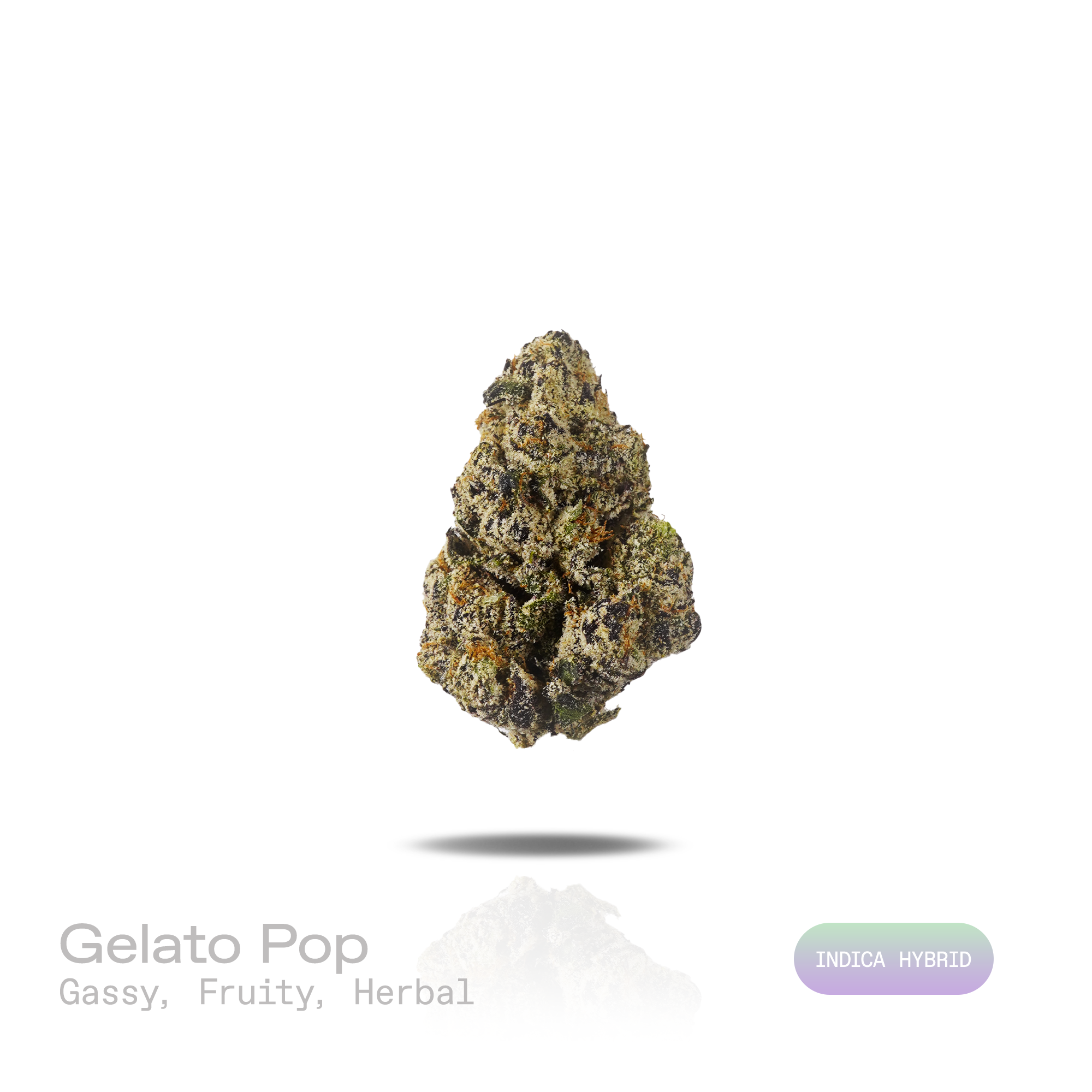 PUFFY Gelato Pop is an indica-dominant hybrid THCa strain created by selectively blending Gelato and Triangle Kush. The aroma is a bold fusion of gassy sharpness, ripe fruity sweetness, and layered herbal undertones. Visually, dense forest green buds with purple hues and fiery orange pistils are coated in sticky trichomes. Consumers often report an uplifting blend of euphoria, soothing relaxation, elevated mood, effective stress relief, and calming anxiety-reducing effects. 