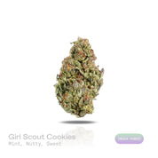 PUFFY Girl Scout Cookies is an Indica-dominant hybrid THCa strain born from the legendary cross of OG Kush and Durban Poison. The aroma blends cool mint and refined nutty notes, complemented by a lingering sweet finish. Visually, dense forest green buds with purple hues and fiery orange pistils are coated in sticky trichomes. Consumers often report a euphoric high that uplifts the mood, promoting a soothing sense of calm, easing tension, and encouraging a focused mental state.  