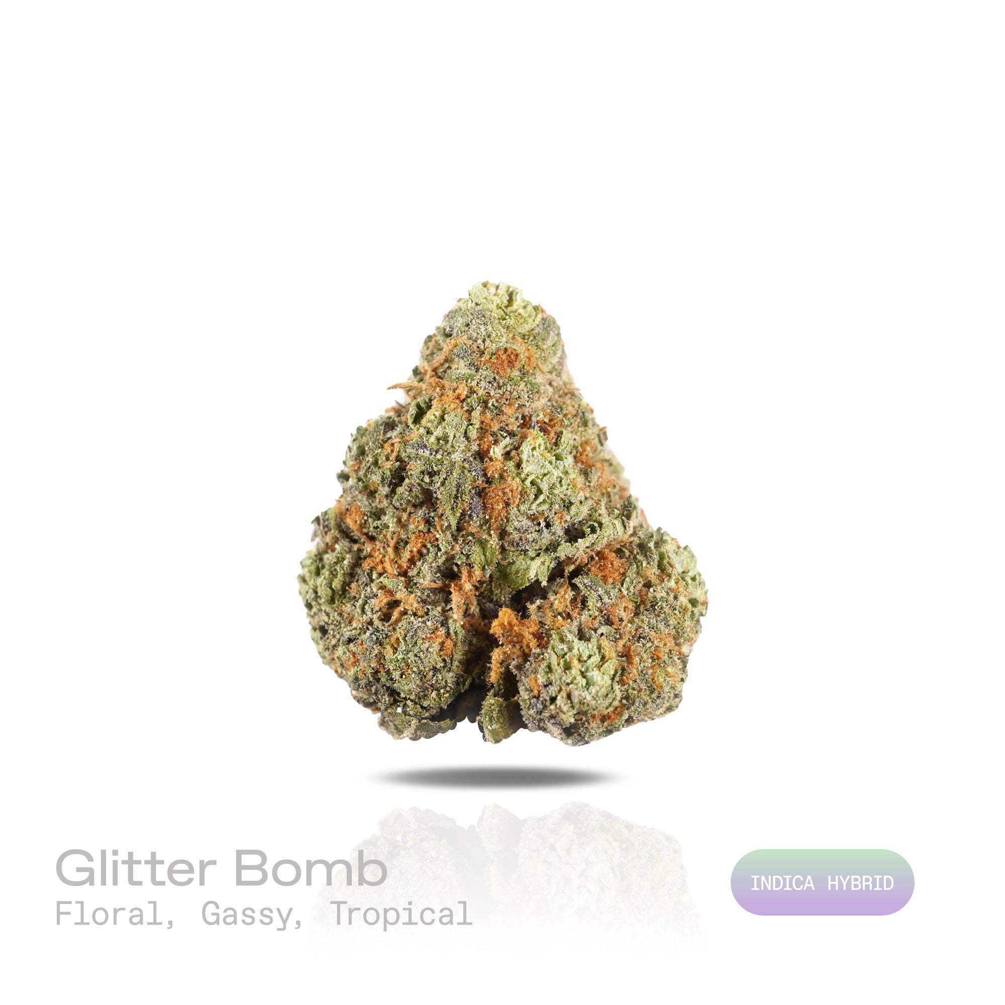 PUFFY Glitter Bomb is an indica-dominant hybrid THCa strain born from the flavorful cross of Grape Gas #10 and OGKB Blueberry Headband. The aroma is a captivating blend of floral notes, rich gassy undertones, and a burst of tropical sweetness. Visually, the buds are dense and deep forest green with striking purple hues, bright orange pistils, and a heavy coating of sparkling white trichomes. Consumers report a bright rush of cerebral uplift that gently settles into a soothing, full-body calm, leaving them g