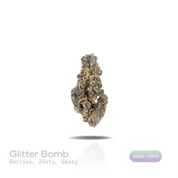 PUFFY Glitter Bomb is an indica-dominant hybrid THCa strain born from the flavorful cross of Grape Gas #10 and OGKB Blueberry Headband. The aroma unfolds with a vibrant burst of ripe berries layered over bright, zesty citrus notes, rounded out by a deep, gassy undertone. Visually, the buds are dense and deep forest green with striking purple hues, bright orange pistils, and a heavy coating of sparkling white trichomes. Consumers report a bright rush of cerebral uplift that gently settles into a soothing, fu