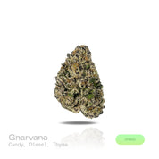 PUFFY Gnarvana is a balanced hybrid THCa strain crafted through the unique combination of Peanut Butter Pie and Z Code. The aroma blends sweet candy and pungent diesel notes with a subtle herbal finish of thyme. Visually, dense deep forest-green buds with purple hues and fiery orange pistils are coated in sticky trichomes. Consumers often report feeling euphoric and uplifted, with a creative, focused mindset accompanied by a calming sense of relaxation and overall ease. 