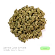 PUFFY Gorilla Glue (smalls) is a balanced hybrid THCa strain emerging from the complex union of  Chem’s Sister, Sour Dubb, and Chocolate Diesel. The aroma is rich with herbal notes, warm woody undertones, and a subtle layer of aromatic spice. Visually, dense forest green buds with purple hues and fiery orange pistils are coated in sticky trichomes. Consumers often report feeling euphoric and uplifted, with a focused yet deeply relaxed experience.  