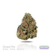 PUFFY Grape Pie is an indica-dominant hybrid THCa strain expertly crafted from the flavorful pairing of Cherry Pie and Grape Stomper. The aroma is rich with ripe grape and velvety cream notes, complemented by a smooth, indulgent finish of vanilla. Visually, dense forest green buds with purple hues and fiery orange pistils are coated in sticky trichomes. Consumers often report a refined euphoric and uplifting experience, unfolding into a smooth, deeply relaxed, and pleasantly serene state. 