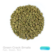 PUFFY Green Crack (smalls) is a sativa-dominant hybrid THCa strain, its lineage is thought to originate from a cross between the legendary Skunk #1 and an Afghani or another traditional indica landrace. The aroma opens with a sharp, fuel-forward intensity layered with heavy diesel notes, followed by a cool mint finish. Visually, the dense buds feature light-to-lime green with purple hues, bright orange pistils, and a frosty coating of trichomes. Consumers often report an energizing and euphoric cerebral upl