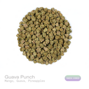 PUFFY Guava Punch (smalls) is an indica-dominant THCa strain created from the exotic blend of Double Guava and Nancy Marie Punch. The aroma unfolds with lush, ripe mango sweetness, tropical guava richness, and bright, juicy pineapple notes. Visually, dense forest green buds with purple hues and fiery orange pistils are coated in sticky trichomes. Consumers often report a euphoric, relaxed body high along with heightened positivity, reduced tension, and an enhanced appetite. 