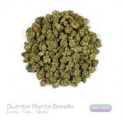 PUFFY Gumbo Runtz (smalls) is an indica-dominant hybrid THCa strain with genetics that have yet to be publicly revealed, leaving its true lineage unknown. The aroma opens with sweet candy notes, followed by pungent fuel undertones and a bold, lingering gassy finish. Visually, dense forest green buds with purple hues and fiery orange pistils are coated in sticky trichomes. Consumers often report an uplifting wave of euphoria that gradually settles into deep relaxation, promoting a profound sense of calm, str