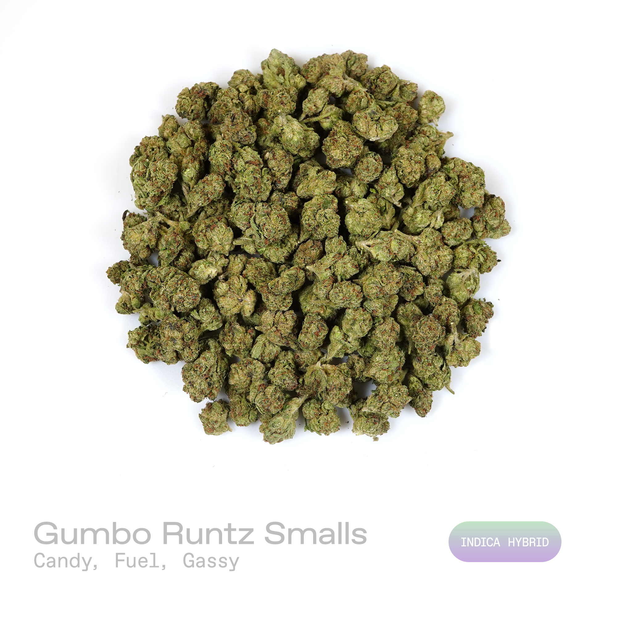 PUFFY Gumbo Runtz (smalls) is an indica-dominant hybrid THCa strain with genetics that have yet to be publicly revealed, leaving its true lineage unknown. The aroma opens with sweet candy notes, followed by pungent fuel undertones and a bold, lingering gassy finish. Visually, dense forest green buds with purple hues and fiery orange pistils are coated in sticky trichomes. Consumers often report an uplifting wave of euphoria that gradually settles into deep relaxation, promoting a profound sense of calm, str