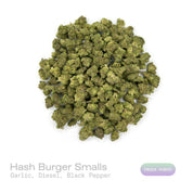 PUFFY Hash Burger (smalls) is an indica-dominant hybrid THCa strain, born from the masterful cross between Han Solo Hash Plant and Double Burger. The aroma is rich with savory garlic and pungent diesel notes, complemented by warm, spicy hints of black pepper. Visually, dense forest-green buds with purple hues and fiery orange pistils are coated in sticky trichomes. Consumers often report an experience that begins with a euphoric cerebral rush, gradually easing into deep body relaxation that delivers uplifti