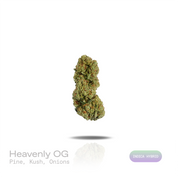 PUFFY Heavenly OG is an indica-dominant hybrid THCa strain crafted through the exceptional fusion of  Tahoe OG and Face Off OG Bx1. The aroma is a pungent blend of earthy pine and rich kush notes, finishing with a savory onion-like pungency. Visually, dense deep forest green buds with purple hues and fiery orange pistils are coated in sticky trichomes. Consumers often report a euphoric, deeply relaxing experience accompanied by a calming body high that promotes a sense of physical and mental ease. 