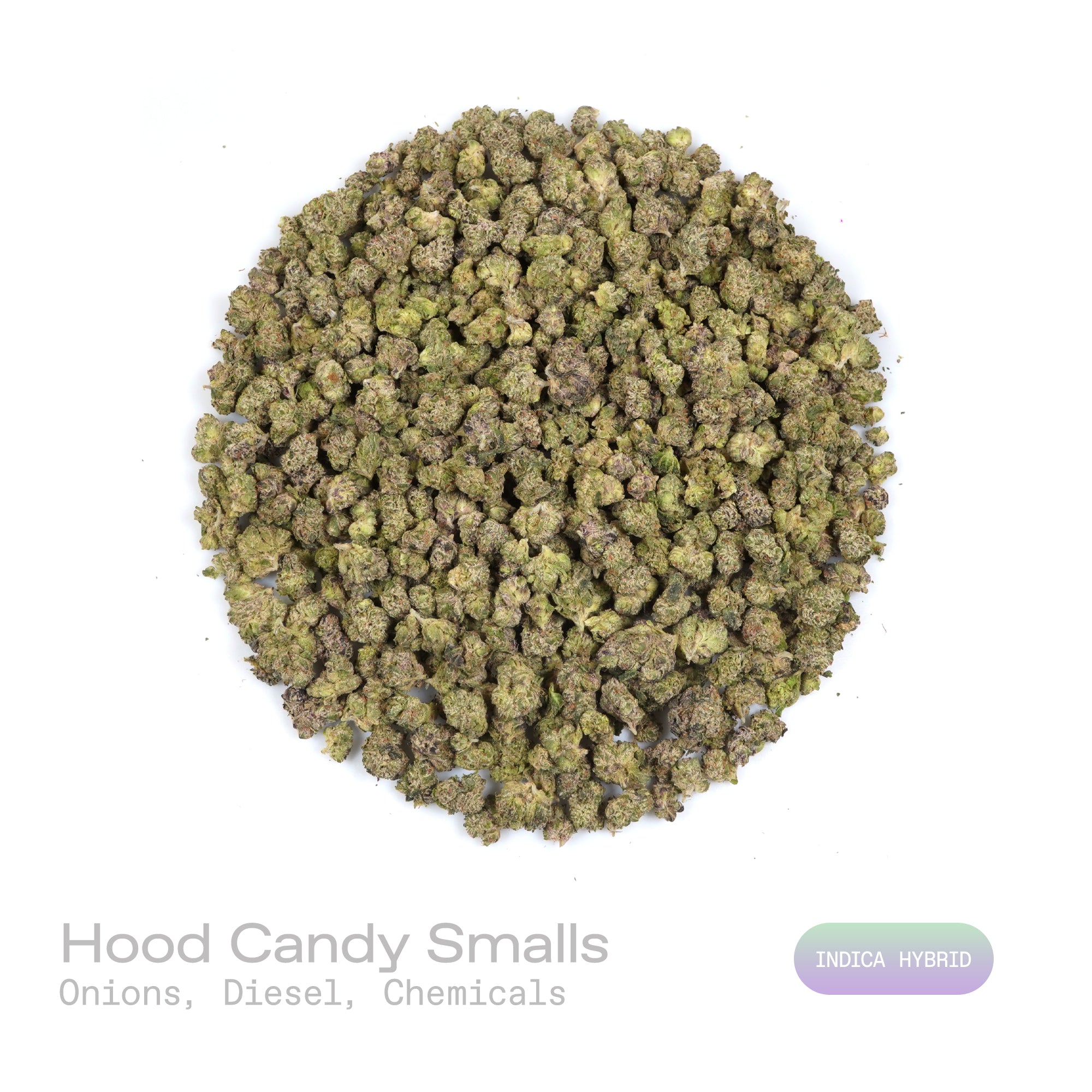 PUFFY Hood Candy (smalls) is an indica-dominant hybrid THCa strain created through the dynamic cross of Runtz and Why U Gelly. The aroma is a bold blend of onions, diesel, and chemicals, with a sharp, intense edge. Visually, dense forest-green buds with hints of purple are threaded with fiery orange pistils and coated in a sparkling layer of sticky trichomes. Consumers often report feeling euphoric and deeply relaxed, with an overall sense of uplifted mood and positivity.