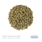 PUFFY Jelly Cake (smalls) is an indica-dominant hybrid THCa strain resulting from a masterful cross between Biscotti and Sunset Sherbet. The aroma unfolds with a delightful blend of fruity sweetness, smooth vanilla, and rich creamy notes. The buds are dense and chunky with deep green and purple hues, bright orange pistils, and a thick layer of sticky white trichomes. Consumers frequently describe a euphoric mental uplift that slowly transitions into soothing, full-body calm, often leaving them cheerful, mel