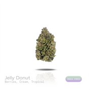 PUFFY Jelly Donut is an indica-dominant hybrid THCa strain born from the fusion of Girl Scout Cookies and King Louis XIII. The aroma opens with a lush burst of ripe berries, followed by a smooth, creamy undertone that softens the profile, while bright tropical notes add a juicy, sun-ripened character. Visually, the buds are dense, with deep forest green and purple tones, bright orange pistils, and a frosty trichome coating. Consumers commonly describe an uplifting, mood-enhancing high that starts with a wav